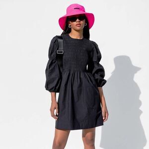GANNI Black Cotton Poplin Mini Smock Dress IT36